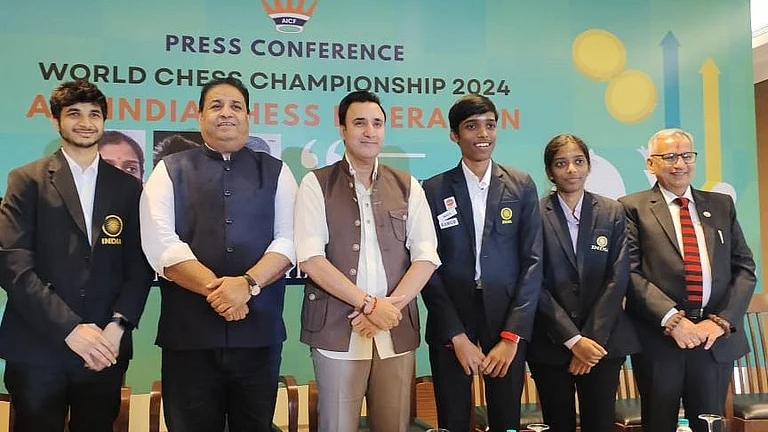 Former AICF Secretary Bharat Singh Chauhan (2nd from Left) during a press conference of the World Chess Championship 2024. - Photo: X | Chess Base India